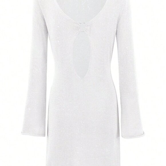 White Women's Sexy Metallic Ring Hollow Deep V-Neck Knit Wrap Knit Mini Dress - Picture 5 of 8